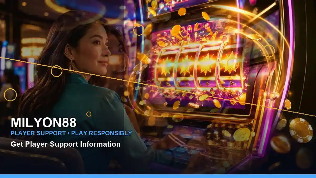 MILYON88 gold jackpot slot games featuring an adult Filipina casino host with a left-diagonal composition