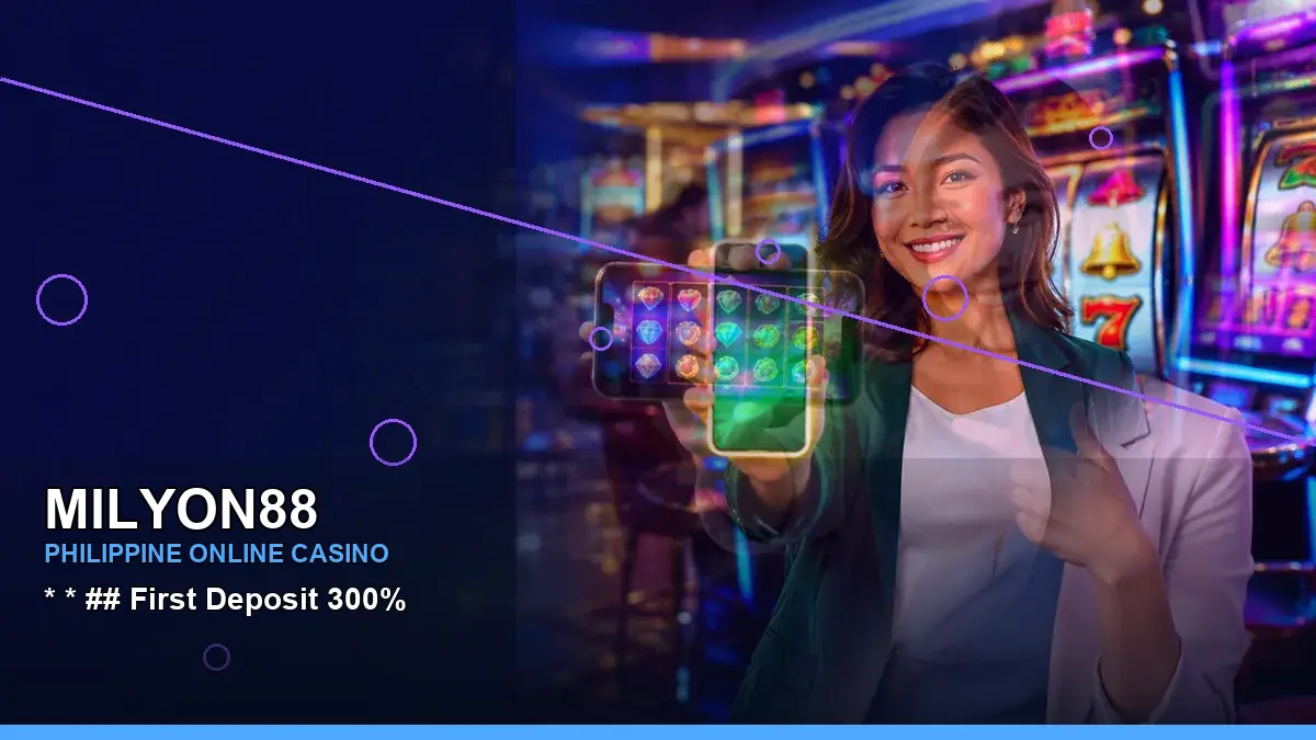 MILYON88 fantasy online slot games featuring an adult Filipina casino host with a right-framed composition